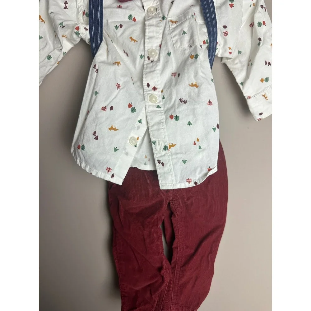 Old Navy Baby Boy Woodland Fox Shirt Corduroy Pants Suspenders Bow Tie Set 6-12M